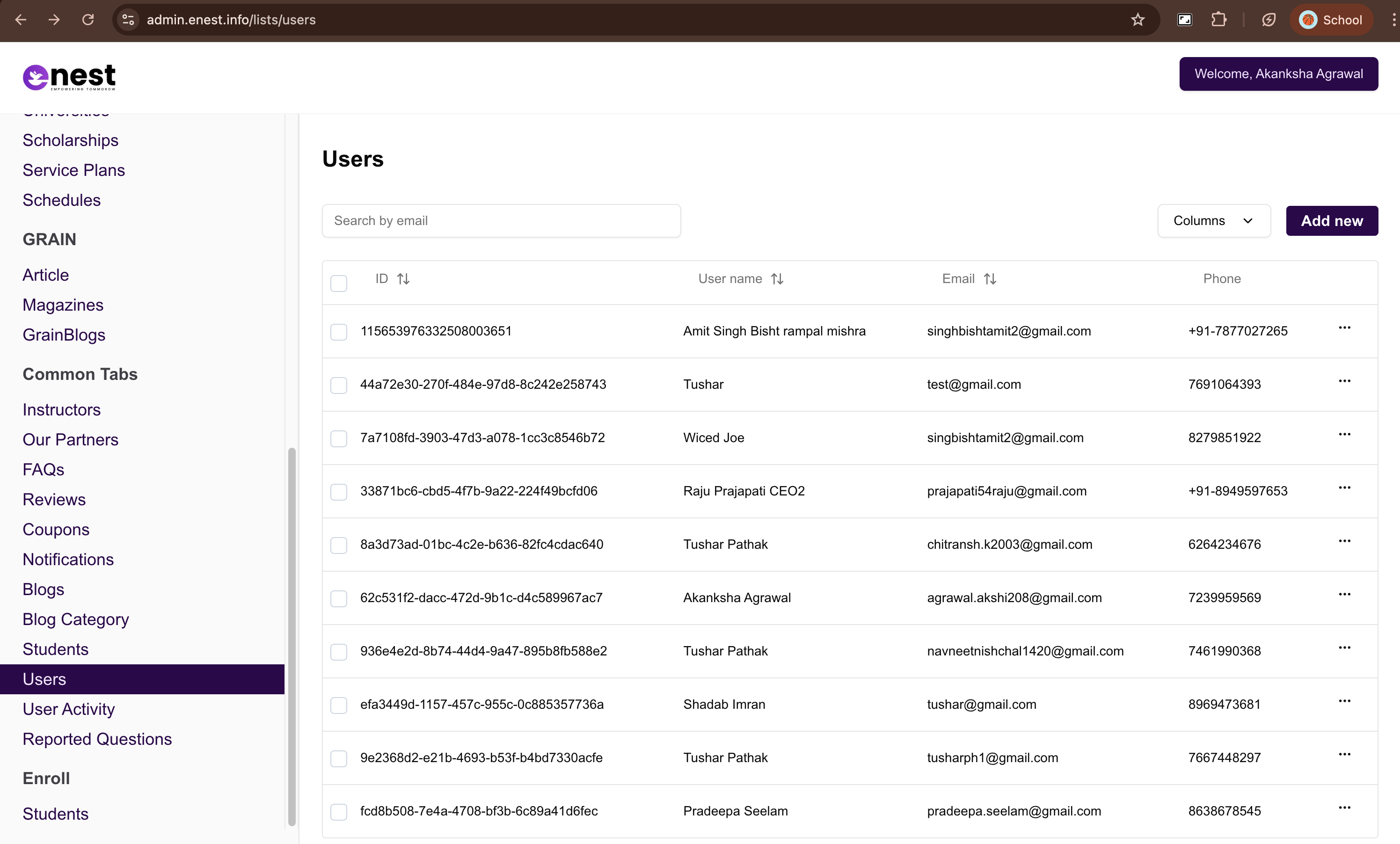 Enest Admin (Internship)